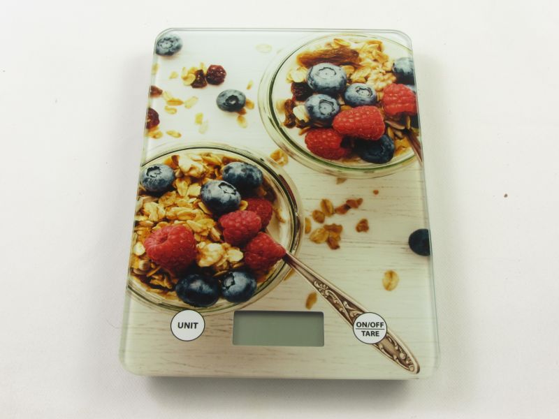 Digitális üveglapos konyhai mérleg 5 kg-os -  müzlis - gyümölcsös